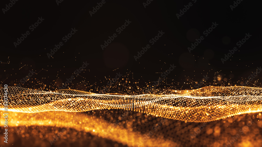 Poster digital particles gold color wave flow abstract background