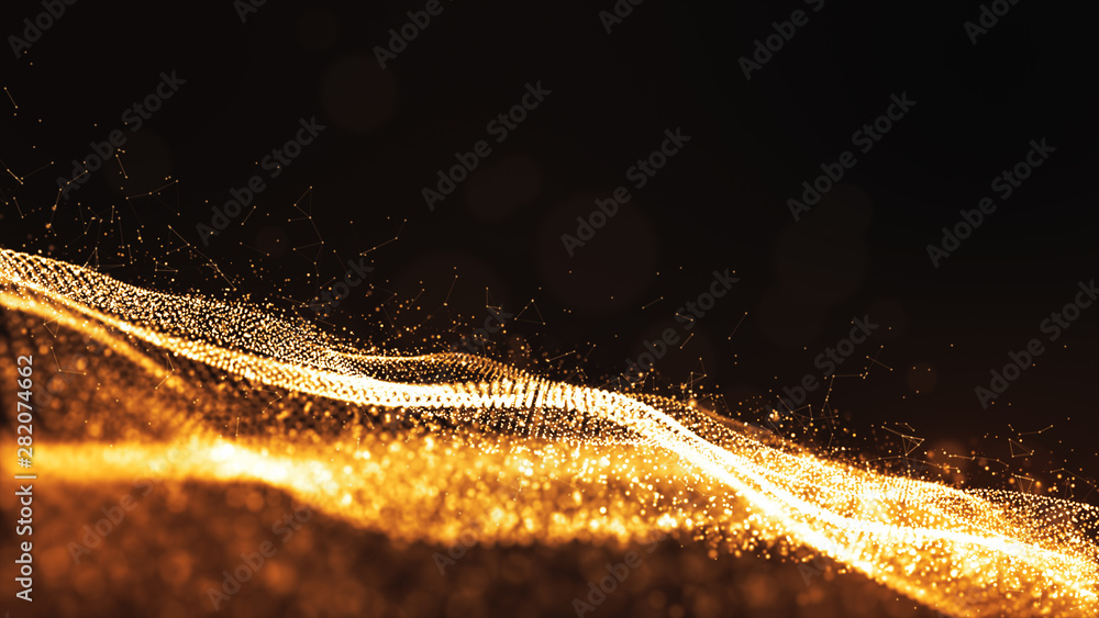 Poster digital particles gold color wave flow abstract background