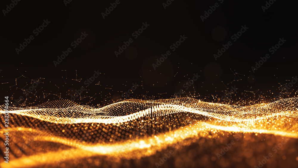 Aufkleber digital particles gold color wave flow abstract background