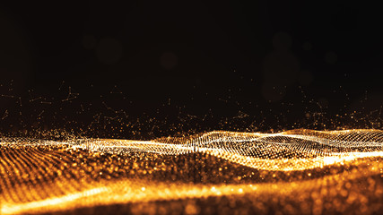 Digital particles gold color wave flow abstract background