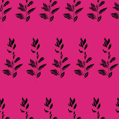 Hand drawn ink black branch with leaves on pink background pattern