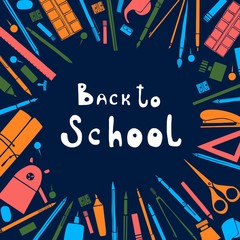 Back to school. Stationery for school and office. Pens, pencils, paints,scissors, glue.  Vector background