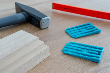 equipment for laying or fitting of laminate, hammer, mallet, footfall sound insulation and spacer