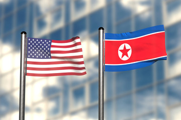 3d render of an flag of USA and North Korea, in front of an blurry background, with a steel flagpole
