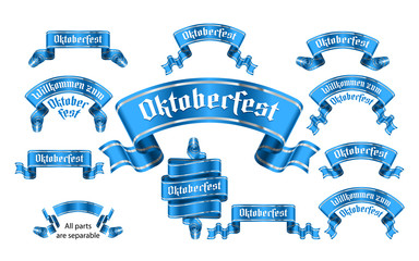 Banners with name of traditional bavarian beer festival Oktoberfest. Ribbons with title Willkommen zum in german from gothic letters. Set of vector isolated realistic blue illustrations