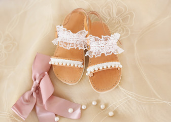 baptism baby shoes with white lace and pearls - greek leather sandals - christening shoes