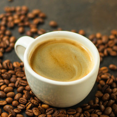 coffee freshly brewed in a white cup serving of beverage (coffee grain). food. top. copy space
