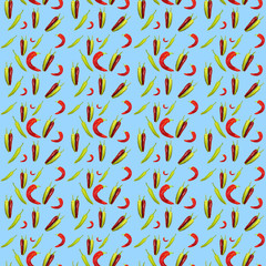 Seamless pattern red and green peppers on blue background. Illustration for Your Design, Wrapping Paper, Web, Wallpaper, Fabric