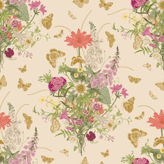 Seamless vector pattern with Victorian bouquet and gold butterflies. Garden flowers. Colorful © OlgaKorneeva