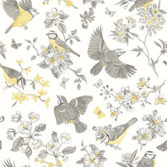 Seamless pattern. Classis vintage illustration. Blossom garden with tits. Birds and flowers. Yellow and gray © OlgaKorneeva