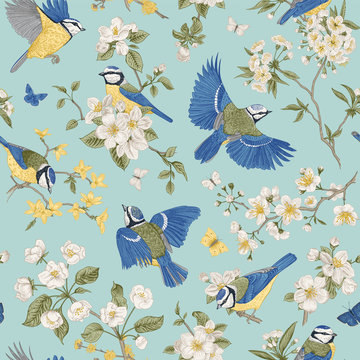Seamless pattern. Classis vintage illustration. Blossom garden with tits. Birds and flowers.