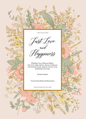 Summer garden. Wedding invitation. Vintage vector botanical illustration. Coral and gold