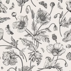Behang Vintage bloemen Vintage bloemen illustratie. Naadloze patroon. Papavers met vlinders. Zwart en wit
