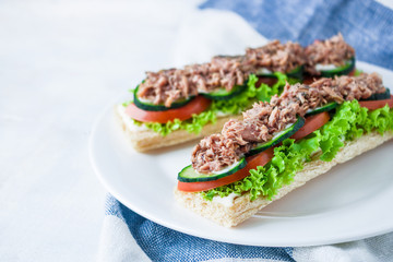 healthy open sandwiches with diet crispbread  tuna lettuce cucumber tomato on  plate on the table copy space
