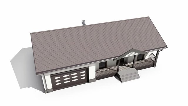 Finished wood frame construction  house. White plaster on facade and bituminous soft roofing. Isolated on white background. 60 fps animation.