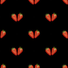 Strawberry seamless pattern. Berry pattern on black background. Top view. Original minimal food concept. Summer pattern