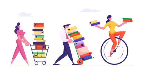 Deadline Concept with Business People Carry Huge Piles of Documents Following Woman Riding Monowheel with Files in Hands. Employees Loaded with Hard Work in Office. Cartoon Flat Vector Illustration © Anna Syvak