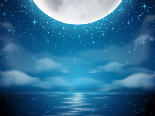 Night background with moon and sea. Dark background with moon reflection on ocean, river water. Romantic sky with clouds scene. Mystery midnight wallpapers. Evening or dusk lake. Seascape horizon