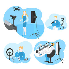 Professional digital software for video blogger. Cartoon influencer filming media content. Movie editing and sound production. Player recording stream. Make up tutorial and cosmetic review.