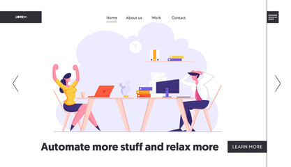 Deadline and Paper Bureaucracy Website Landing Page, Office Employees at Workplace, Happy Woman Rejoice Finishing Job, Overloaded Stressed Employee Web Page. Cartoon Flat Vector Illustration, Banner