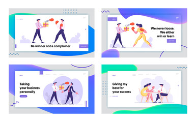 Business People Competition Website Landing Page Set. Woman Fighting with Man Holding Box with Pop Up Boxing Glove on Spring, Managers Armwrestling Web Page Banner. Cartoon Flat Vector Illustration