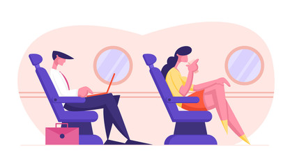 Young Business Man Sitting in Comfortable Airplane Seat and Working on Laptop, Woman Drinking Beverage. Passengers in Plane, Airline Transportation Service, Travel. Cartoon Flat Vector Illustration