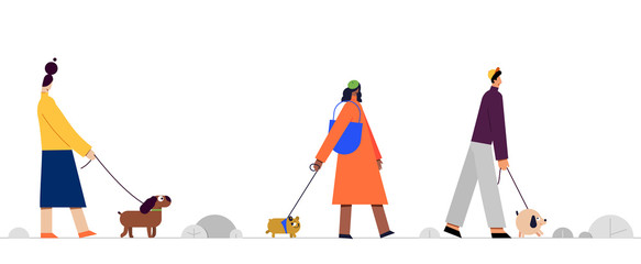 Vector illustration with people on a walk with a dogs. Use in Web Project and Applications.