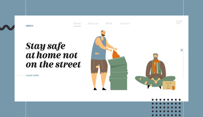 Homeless People Website Landing Page, Characters Begging Money and Need Help, on Street, Man in Ragged Clothes Lost Work, Bagger Warming at Fire Web Page. Cartoon Flat Vector Illustration, Banner