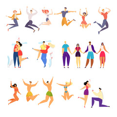 Fototapeta na wymiar Love and Friendship Concept with Happy People Rejoice. Happy Couple Dating and Spending Time Together, Cheerful Friends Company Jumping with Hands Up Party Celebration Cartoon Flat Vector Illustration
