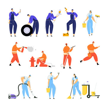 Set of Car Repair Workers with Tools for Automobiles Fixing, Firefighters Put Out Fire with Extinguisher and Water and Cleaning Company Employees with Instruments Cartoon Flat Vector Illustration