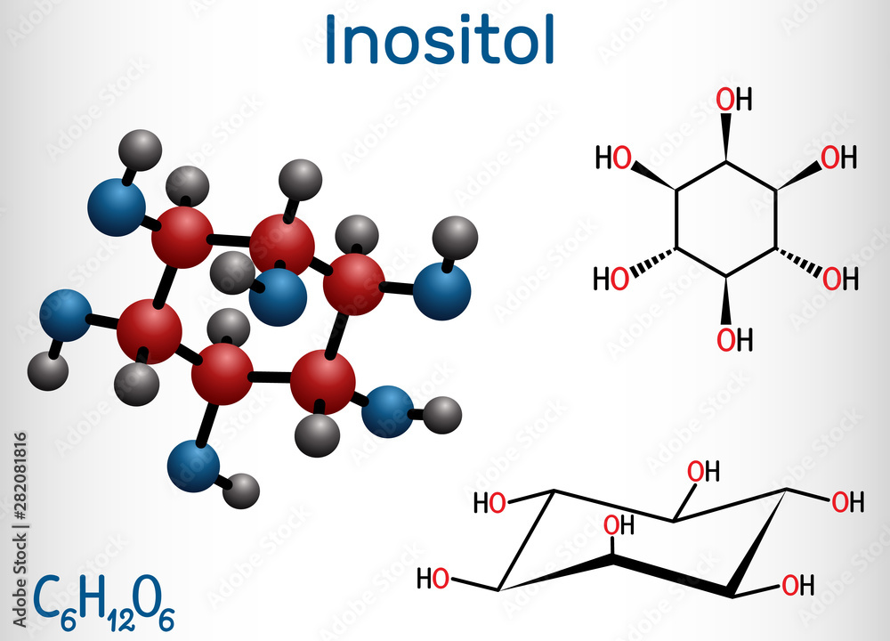 Sticker inositol, myo-inositol, vitamin-like essential nutrien molecule. structural chemical formula and mol