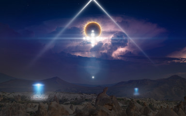 Alien ships inspect the planet's surface with bright spotlights, extraterrestrial spherical life...