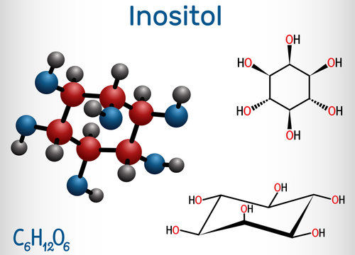 Inositol, myo-inositol,  vitamin-like essential nutrien molecule. Structural chemical formula and molecule model