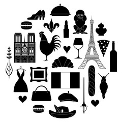 Silhouettes symbols of France. A set of stencils isolated on a white background. Vector illustration on the theme of travel in the France.