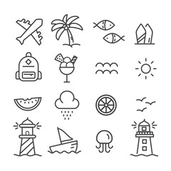 Simple set of summer, sea icons outline isolated on white background