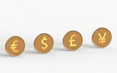 Gold coins with world currency signs isolated on a white background, 3d render. 