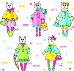 Vector set with pretty girls cats wearing nice clothes and bags. Lettering