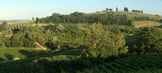 Hillside settlement in the agricultural landscape of Tuscany near Florence