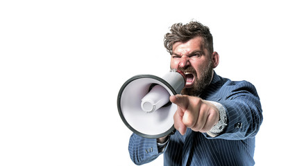 Portrait of a leader screaming with a megaphone