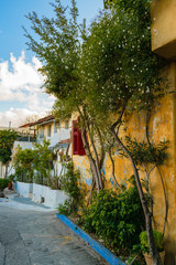Anafiotika, Athens, Greece - October 29 2017: Anafiotika street below Acropolis