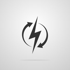Recharging black icon isolated on gray background. Sign of lightning in a circle with arrows. Vector illustration.