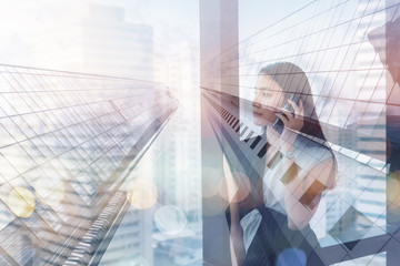 Business Finance and Technology Communication Concept, Double Exposure of Business Woman is Talking...