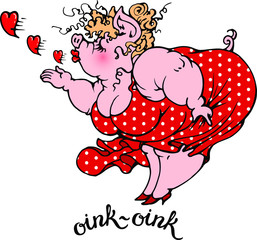 Vector hand drawn pig girl wearing red dress with polka dot ornament doing fly kiss. Lettering oink-oink.