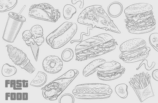 Fastfood illustrations collection. Street festival menu design elements. Vector snacks, drinks and desserts drawings for logo, icon, label, packaging, poster. Junk food set in sketched style.