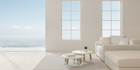 Perspective of modern luxury living room with white sofa and on city view background, warm timber interior design, architecture idea of large window system - 3D rendering.