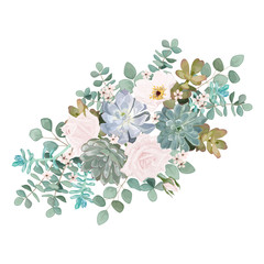 Bouquet with leaves and succulent flowers, watercolor, isolated on white. Vector Watercolour.