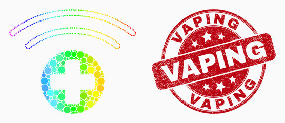 Dot rainbow gradiented medical source mosaic pictogram and Vaping seal stamp. Red vector rounded scratched seal with Vaping caption. Vector collage in flat style.