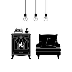Silhouette of a room with furniture. Monochrome stencil of the interior. Vector room with fireplace and armchair. Lounge area.