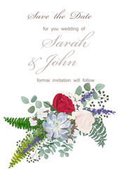 Wedding invitation with flowers and leaves, watercolor, isolated on white. Vector Watercolour.