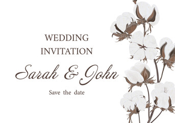Wedding invitation with Cotton flowers plant watercolor, isolated on white. Vector Watercolour.
